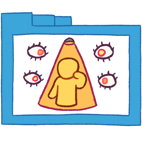 A hollow blue folder with thin lineart. It contains an emoji yellow person under a spotlight, holding their hand by their face. There are two floating eyes to either side of them, all looking at them.